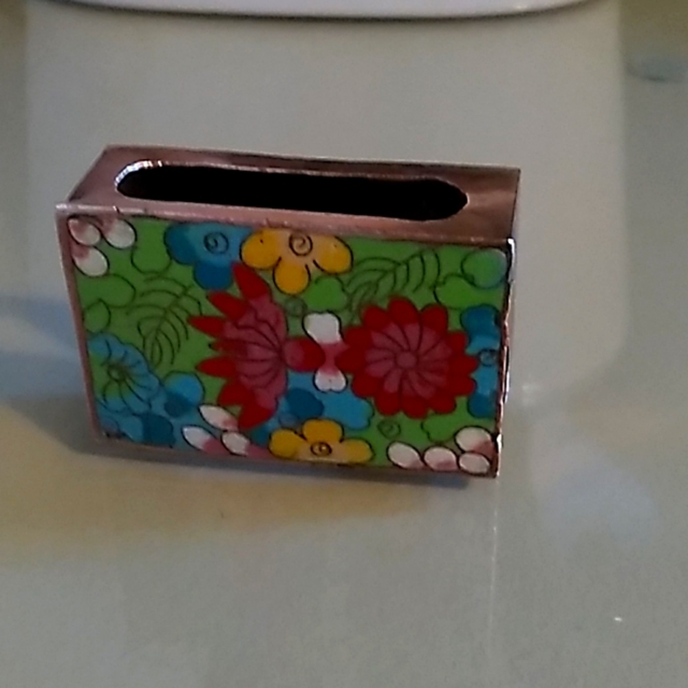 Vintage cloisonne and copper matchbox cover.